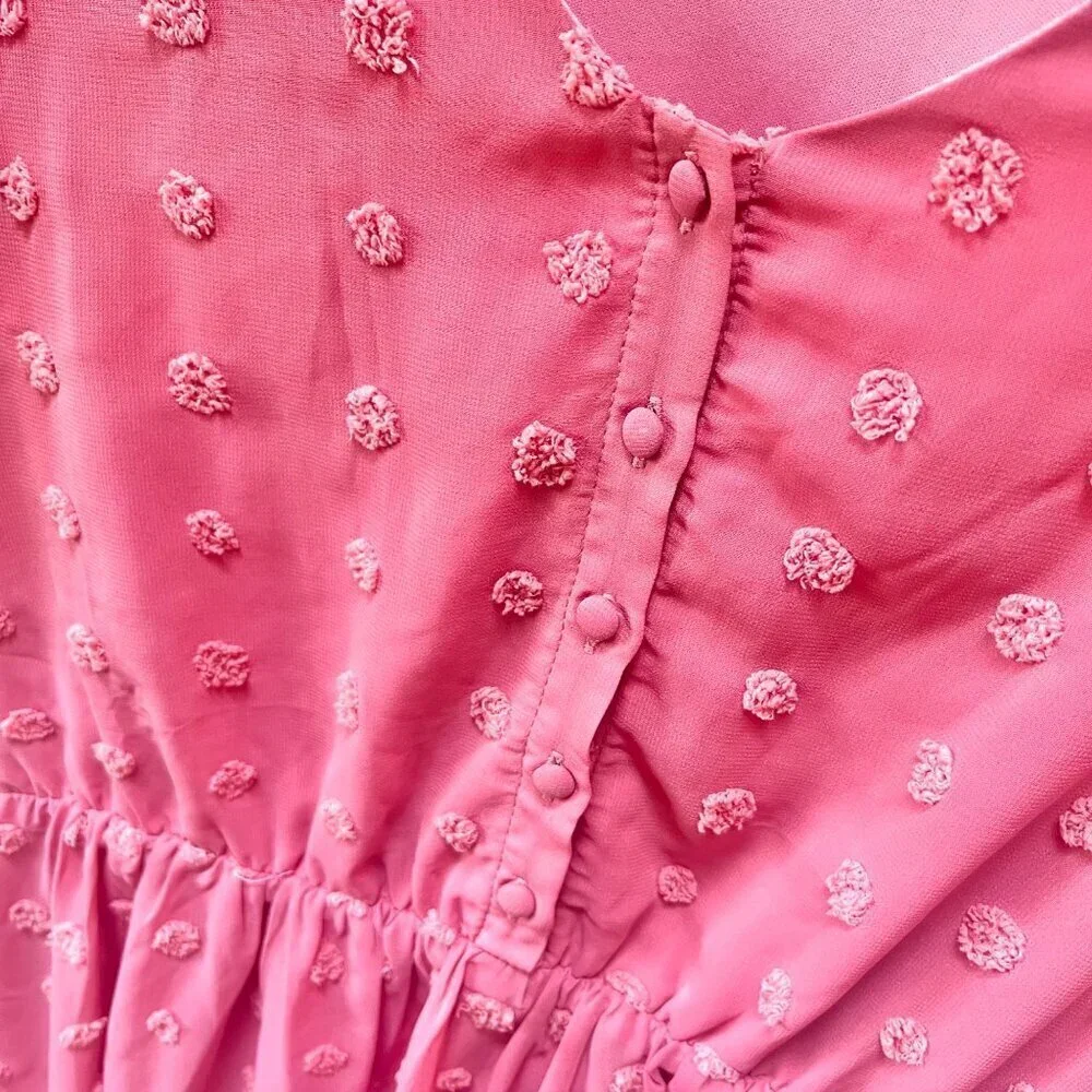 Baltic Born Pink Swiss Polka Dot Midi Dress L 100% Polyester Button-Down Front S